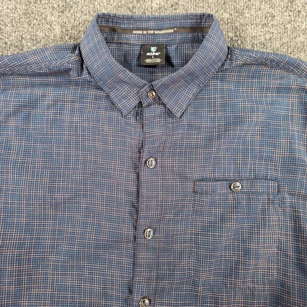 Kuhl Krossfire Button Down Shirt Mens L Blue Grid Tapered Fit Short Sleeve 7563